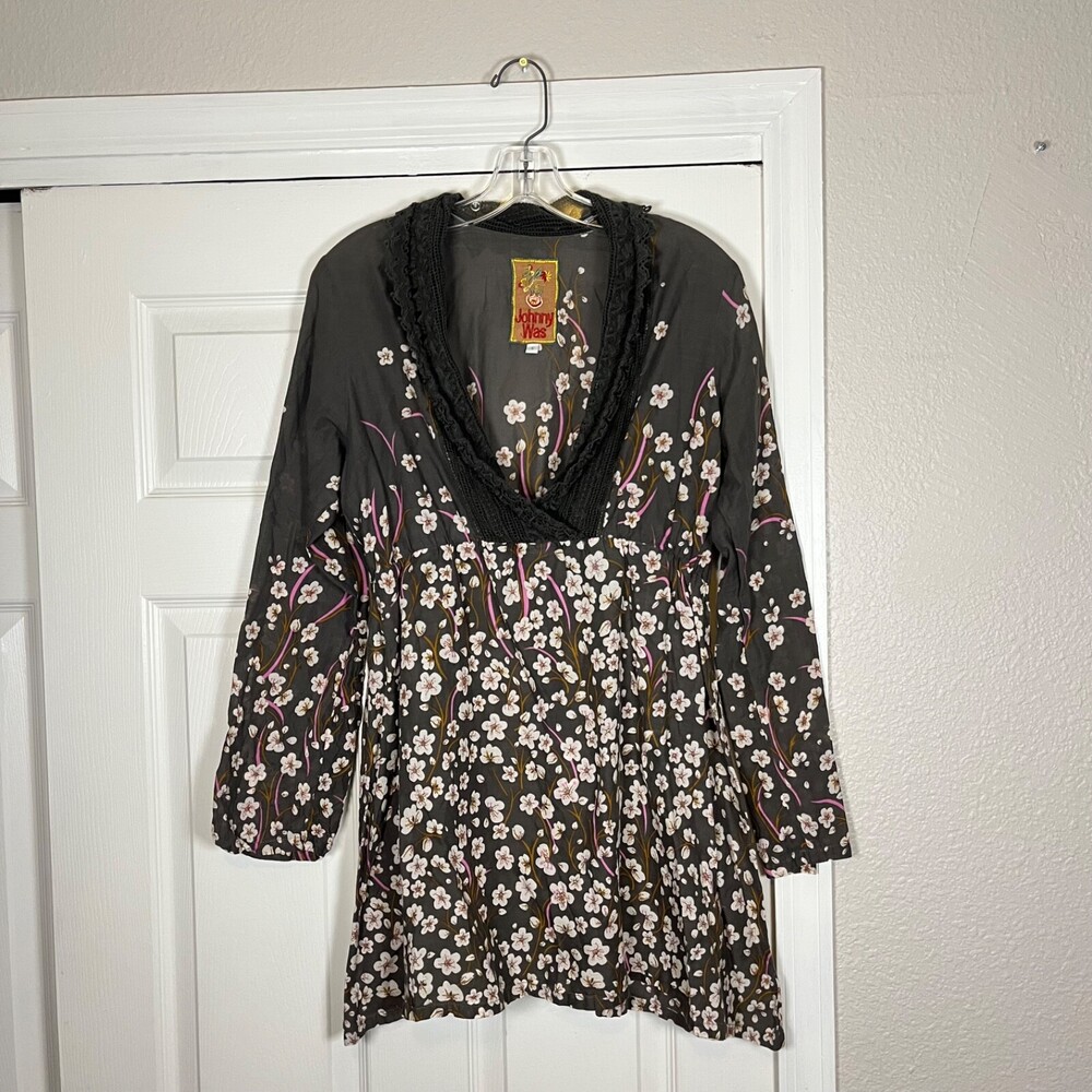 Johnny Was Crochet Cherry Blossom Floral Embroidery Tunic Top Dress Small Womens